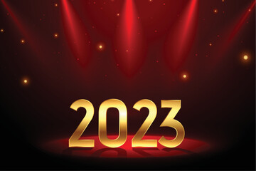 2023 golden text on stage with spot light for new year red banner