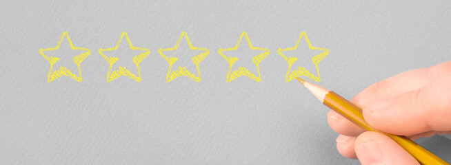 Customer rating with hand drawn stars. Customer review good rating concept hand drawing five star...