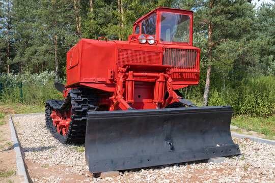 SHARYA, RUSSIA - AUGUST 07, 2022: TDT-55 - caterpillar skidder close-up. Exhibition of logging equipment in the city park
