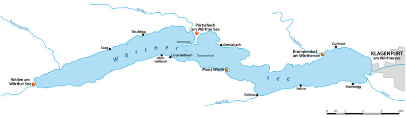 Map of the Woerthersee with the most important cities, Carinthia, Austria