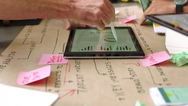 Business people, digital marketing team and hands on tablet for planning, creative brand management and strategy, ideas or data analysis in startup. Closeup designers, tech research and work meeting