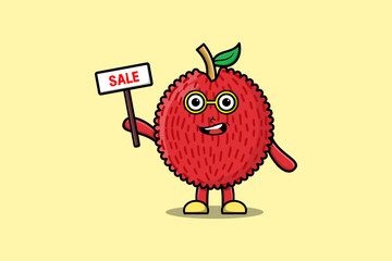 Cute cartoon Lychee character holding sale sign designs in concept flat cartoon style