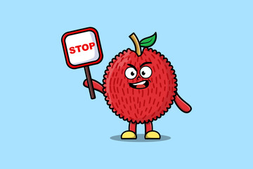 Cute Cartoon mascot illustration Lychee with stop sign board vector drawing   