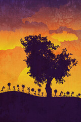 Tree silhouette at sunset grunge