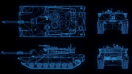 3D rendering illustration Tank blueprint glowing neon hologram futuristic show technology security for premium product business finance 