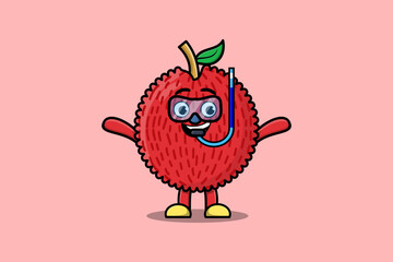 Cute cartoon Lychee diver with swimming glass in flat modern style design