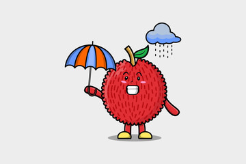 Cute cartoon Lychee character in the rain and using an umbrella in flat modern style design