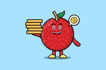 Cute cartoon Lychee character holding in stacked gold coin vector illustration