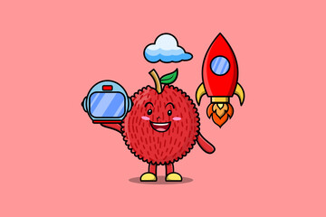 Cute mascot cartoon character Lychee as astronaut with rocket, helm, and cloud in cute style 
