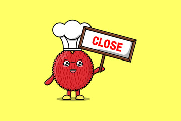 Cute cartoon Lychee chef character holding close sign board designs in flat cartoon style