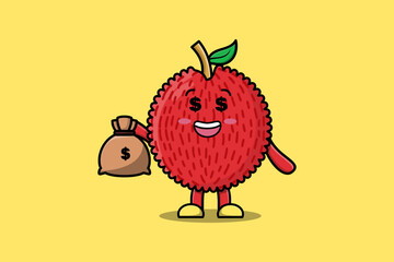 Cute cartoon Crazy rich Lychee with money bag shaped funny in modern design illustration