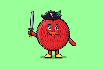 Cute cartoon mascot character Lychee pirate with hat and holding sword in modern design