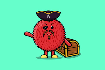 Cute cartoon character Lychee pirate with treasure box illustration in modern style design