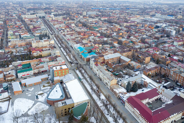 Obraz premium Aerial view of Prospect Mira and National Museum of Alania complex on winter day. Vladikavkaz, North Ossetia, Russia.