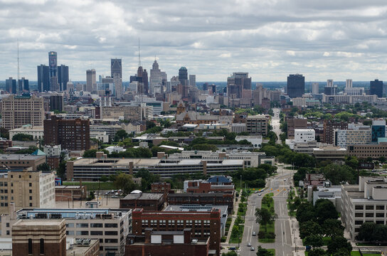 View of Downtown Detroit from the Fisher Building on a cloudy day.
