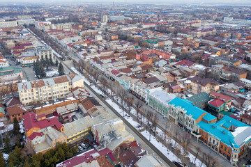 Aerial view of Prospect Mira on winter day. Vladikavkaz, North Ossetia, Russia.