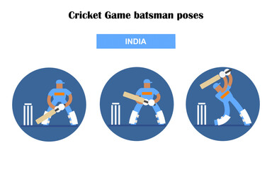 India Cricket player different actions poses. batsman different poses. vector illustration.