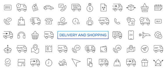 Fototapeta na wymiar Delivery and shopping line icons collection. Big UI icon set. Thin outline icons pack