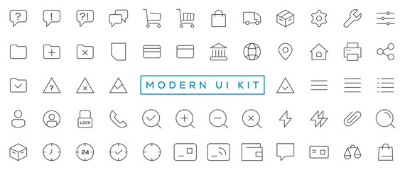 Fototapeta premium Modern UI Kit - Shopping and ecommerce icons set. Set of shopping bag, buy cart, delivery, payment, contact us, map location, user, arrows, online assistant and other ui elements and icons