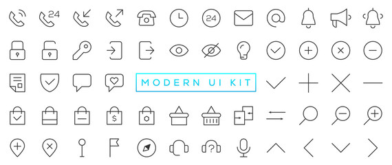 Modern UI Kit - Shopping and ecommerce icons set. Set of shopping bag, buy cart, delivery, payment, contact us, map location, user, arrows, online assistant and other ui elements and icons