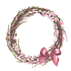 Willow wreath watercolor with spring twigs and red bow isolated on white. Hand drawing Easter illustration for design