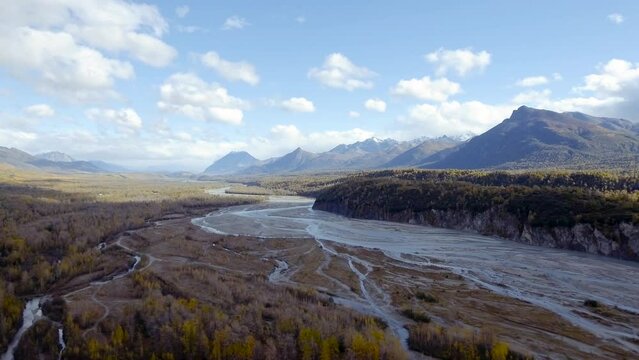 Alaska's Chugach State Park with Matanuska River on sunny autumn day.
