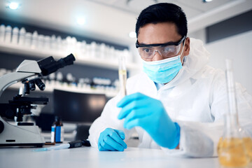 Fototapeta premium Scientist, research and man work in lab for science innovation in chemistry or physics, microscope and test tube for scientific experiment. Face mask, safety with chemical liquid and results analysis