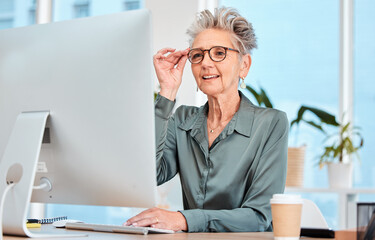 Computer email, reading and business woman networking, working reception and corporate research on...