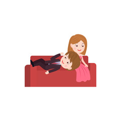 Happy couple in love hugging on cosy couch vector isolated on white background. Couple illustration.