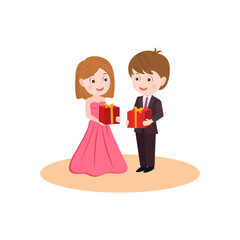 A Boy and a girl give each other gifts for the new year. Christmas Couple vector isolated, valentine couple. 