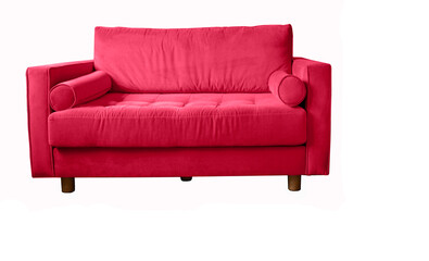 Viva magenta sofa with rollers on wooden legs isolated on white. Magenta couch isolated