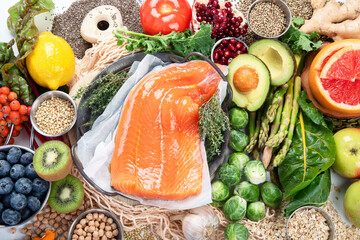 Background healthy food. Fresh fruits, vegetables and salmon. Healthy food, diet and healthy life...