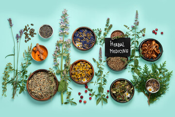 Alternative herbal medicine on green background.