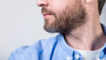 Obraz premium cropped closeup of bearded man with beard wearing casual shirt. bearded man with beard