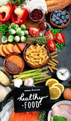 Balanced diet food background. Organic food for healthy nutrition. Ingredients for cooking.