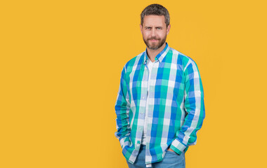 caucasian guy wearing casual style on banner. bearded caucasian guy in casual shirt
