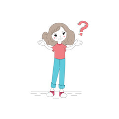 Girl character with question symbol clip art isolated on white background.