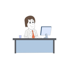 Business man entrepreneur in a suit working on a laptop computer at his office desk. corporate man vector isolated on white background.