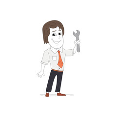 A male mechanic holding a spanner or wrench. corporate man character clip art vector isolated on white background.