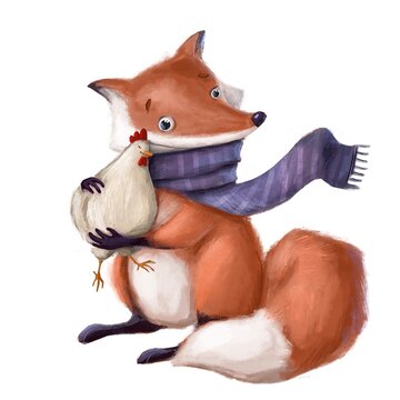 fox and chicken best friends, watercolor style cartoon characters