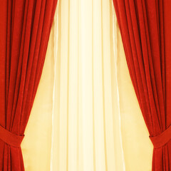 Lovely vintage red drapes and yellow curtains with copy space. Appear show concept idea. Decorative...