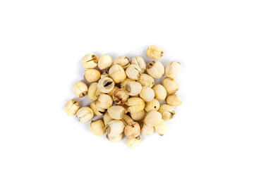 Lotus seed pile isolated over white background top down view