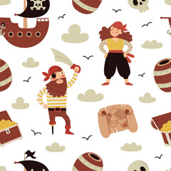 MobileSeamless pattern with pirate elements. Children's vector illustration. Skull, ship, sea, crossbones, barrel, chest, anchor, rum.