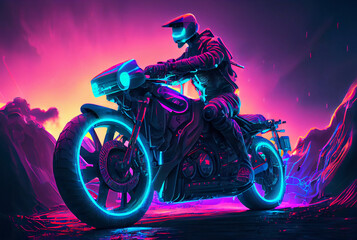 Spectacular digital art 3D illustration of a cyberpunk rider on a future bike or cruiser with a vivid and glowing neon light. Cyberpunk landscape with retrowave and synthwave at night.