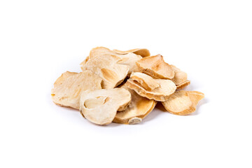 Sliced dried shallots in a pile isolated over white