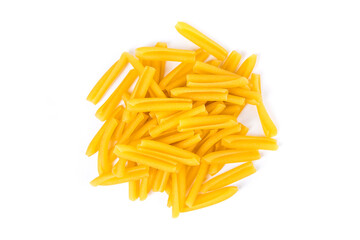 Gluten free corn rice quinoa pasta in a pile isolated over white top down