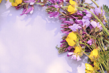 Frame made of blooming flowers on a purple background. Springtime composition with copy space. Greeting card concept.