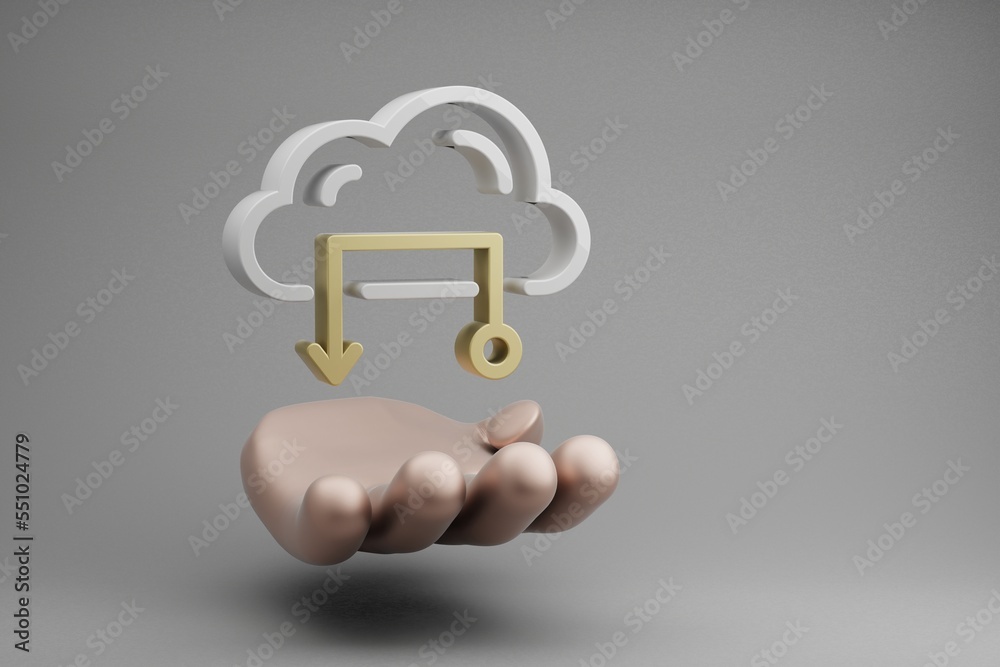 Aufkleber Beautiful abstract illustrations Golden Hand Holding Cloud Database symbol icon on a gray background. 3d rendering illustration. Background pattern for design. Web Hosting.