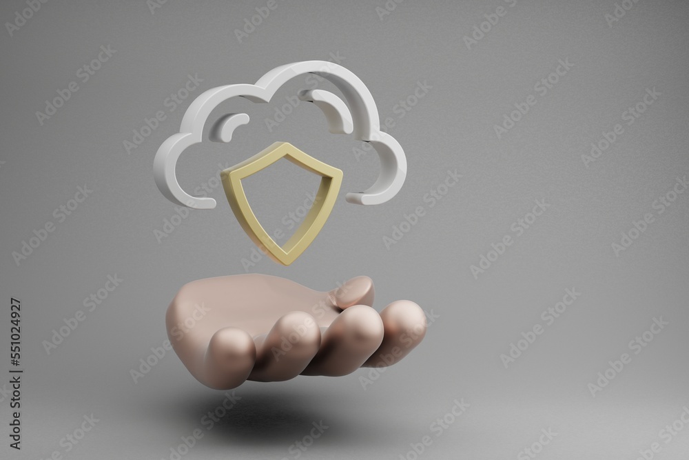 Leinwandbilder Beautiful abstract illustrations Golden Hand Holding Cloud shield  Security symbol icon on a gray background. 3d rendering illustration. Background pattern for design. Web Hosting.