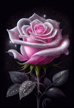05-11-2021 Riga, Latvia a pink rose with water droplets on it's petals and leaves on a black background with a sparkley star. Generative AI